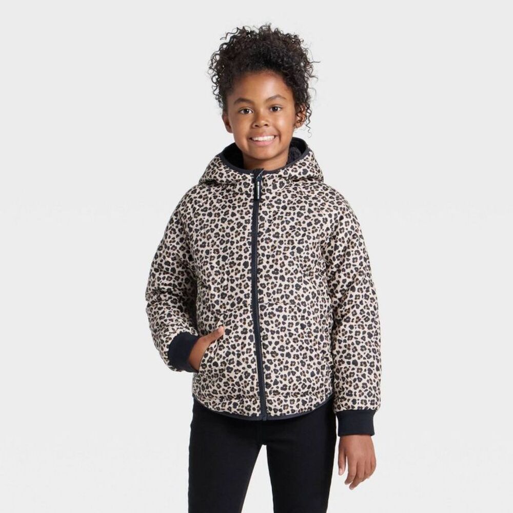 Girls' Leopard Printed Hooded Reversible Puffer - Cat & Jack Tan XL